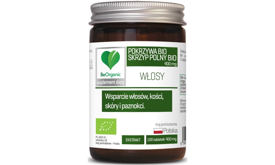 BeOrganic Skrzyp BIO + Pokrzywa BIO Włosy, skóra, paznokcie, kości 400mg 100tabletek