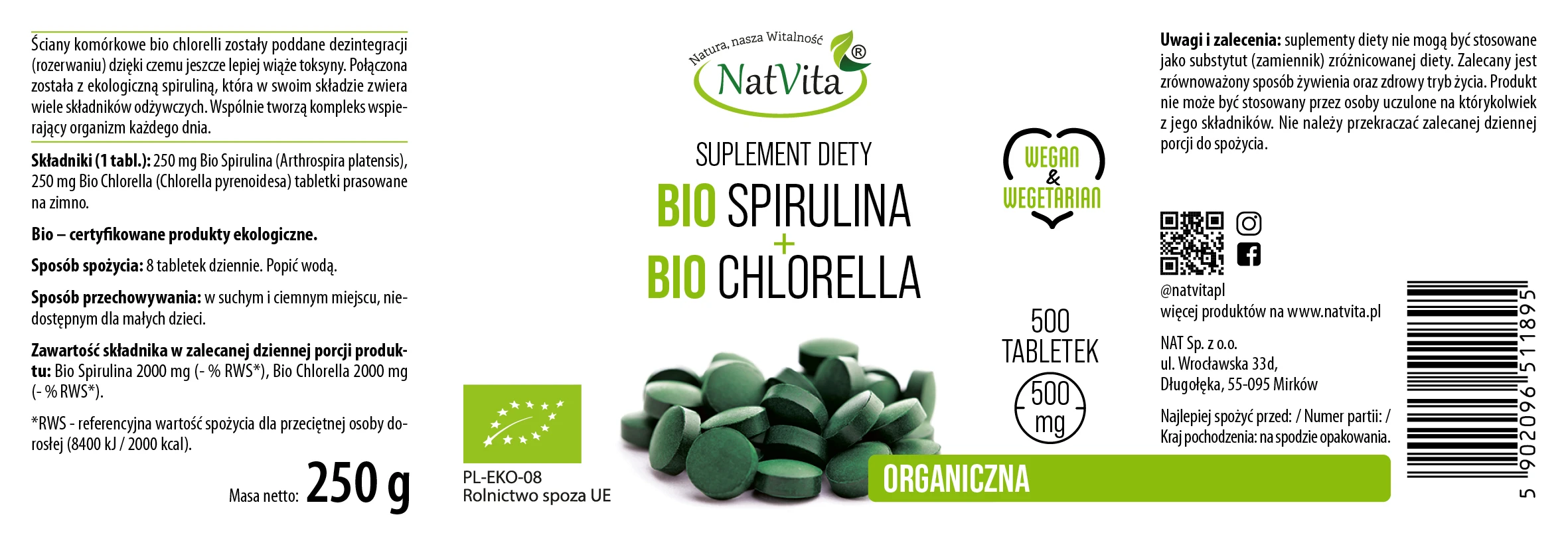 NatVita | Spirluna BIO + Chlorella BIO 500 tabletek