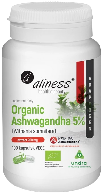 Aliness | Organic Ashwagandha 5% KSM-66 200mg 100 kapsułek