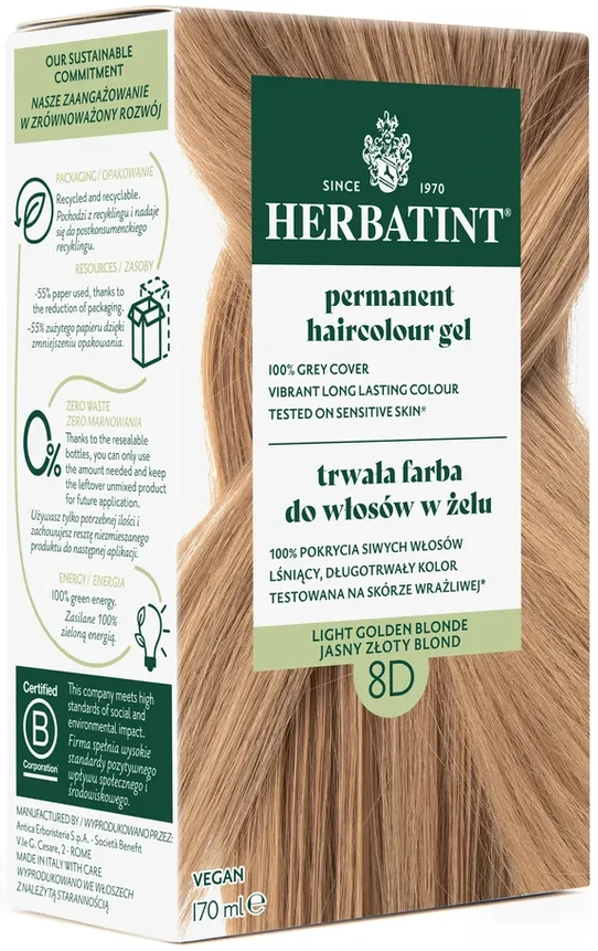 Herbatint | Farba do włosów Herbatint 08D JASNY ZŁOTY BLOND (seria ZŁOTA) 170ml