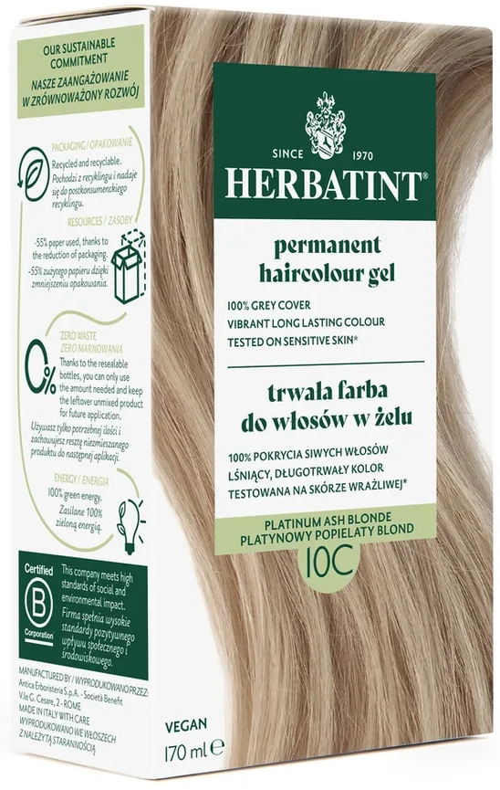 Herbatint | Farba do włosów Herbatint 10C PLATYNOWY POPIELATY BLOND (seria POPIELATA) 170ml