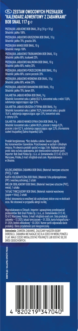 Bob Snail | Kalendarz Adwentowy z owocowymi przekąskami i zabawkami 117g 1sztuka